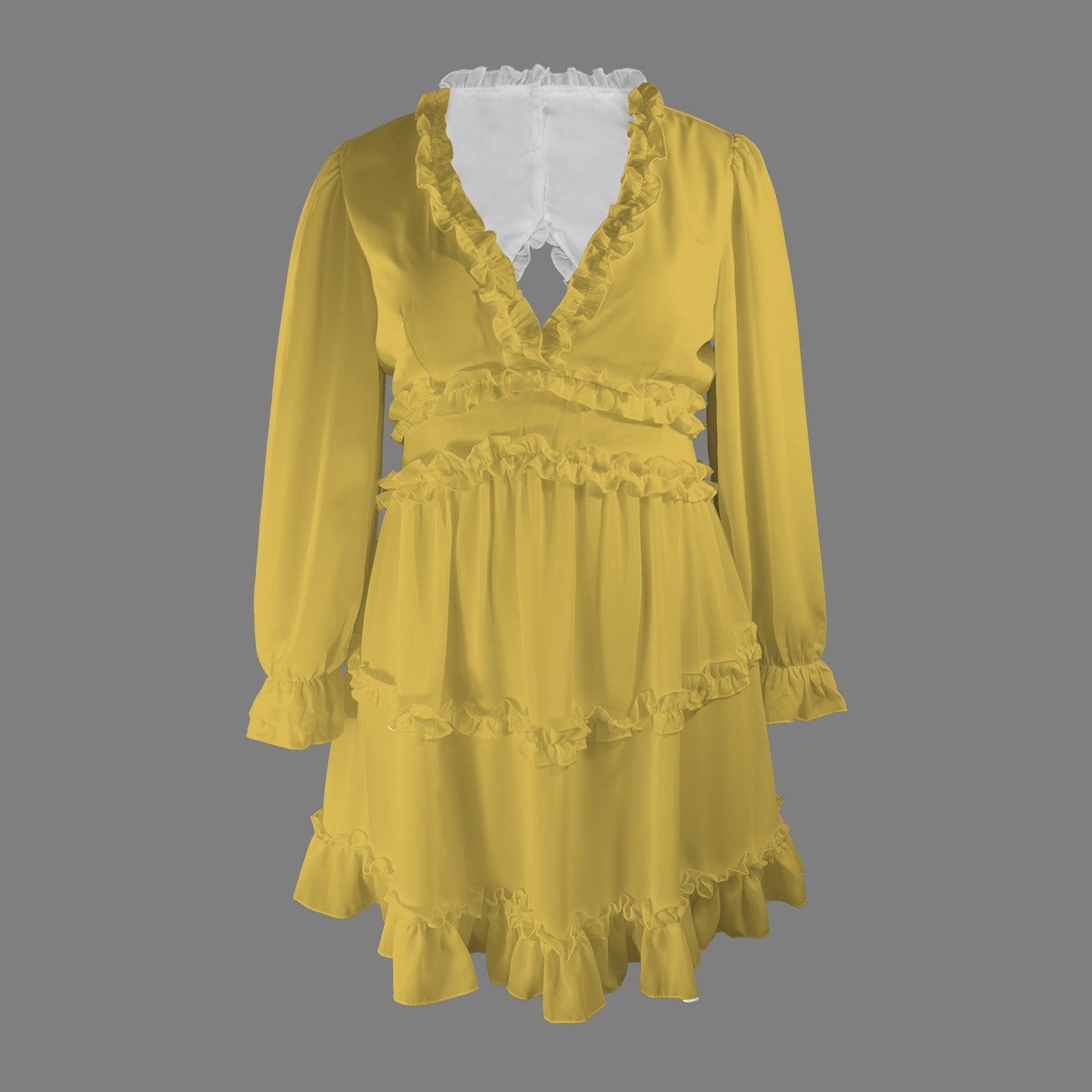 #Golden Women's Long Sleeve Deep V-Neck Ruffled Casual Dress