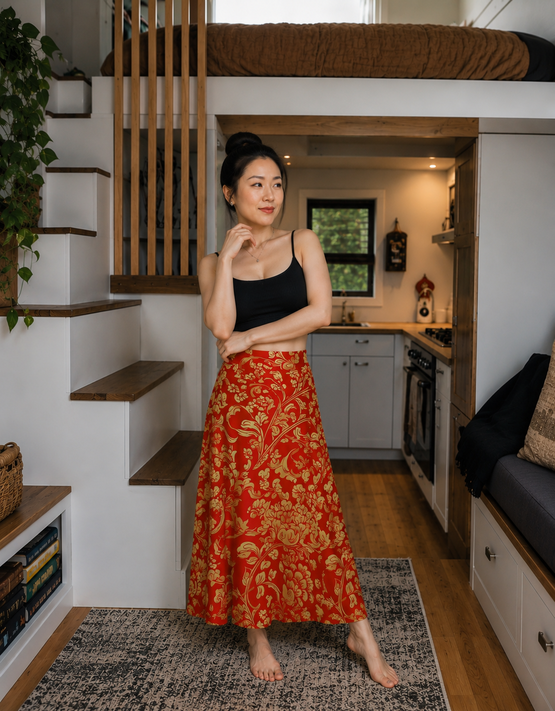 #Red #Gold #Garden High Waisted A-Line Maxi Skirt