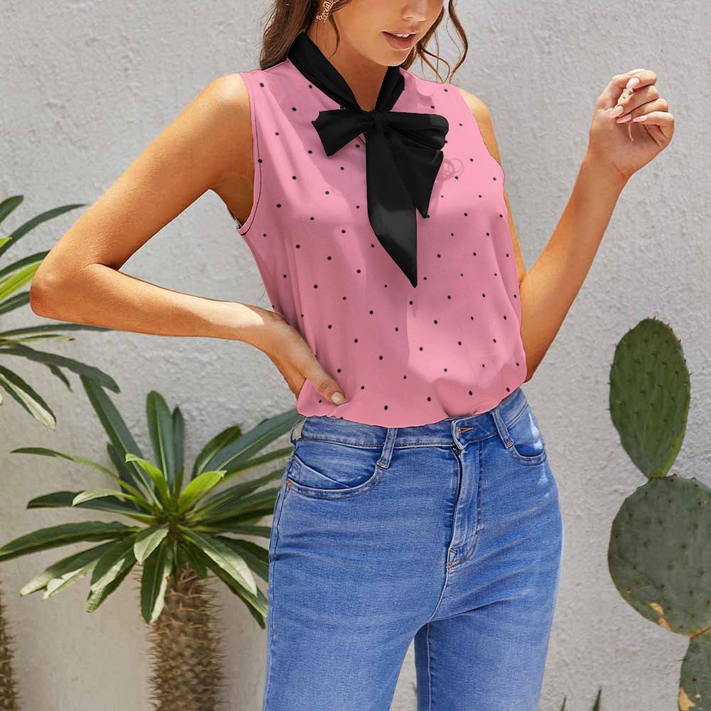 #Pink #PolkaDot Wpmen's Sleeveless Bow Tie Neck Blouse