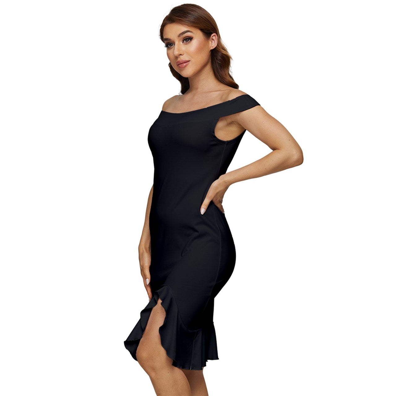 Off Shoulder Ruffle Split Hem Bodycon Dress