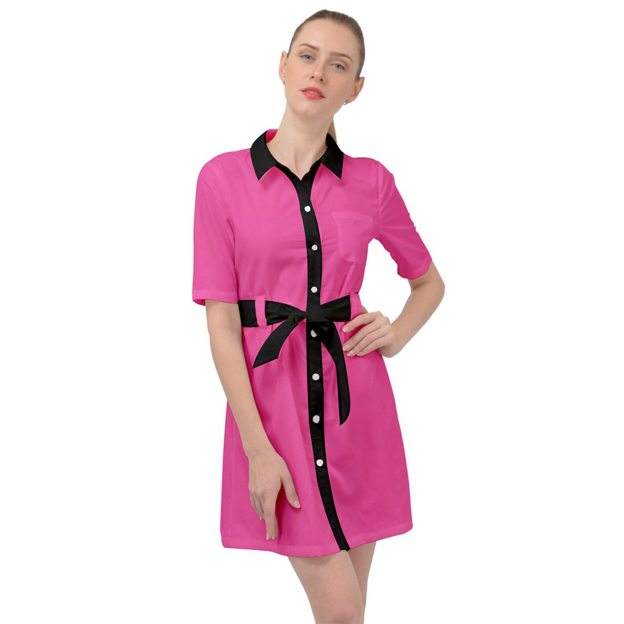 Pink/Black Belted Shirt Dress