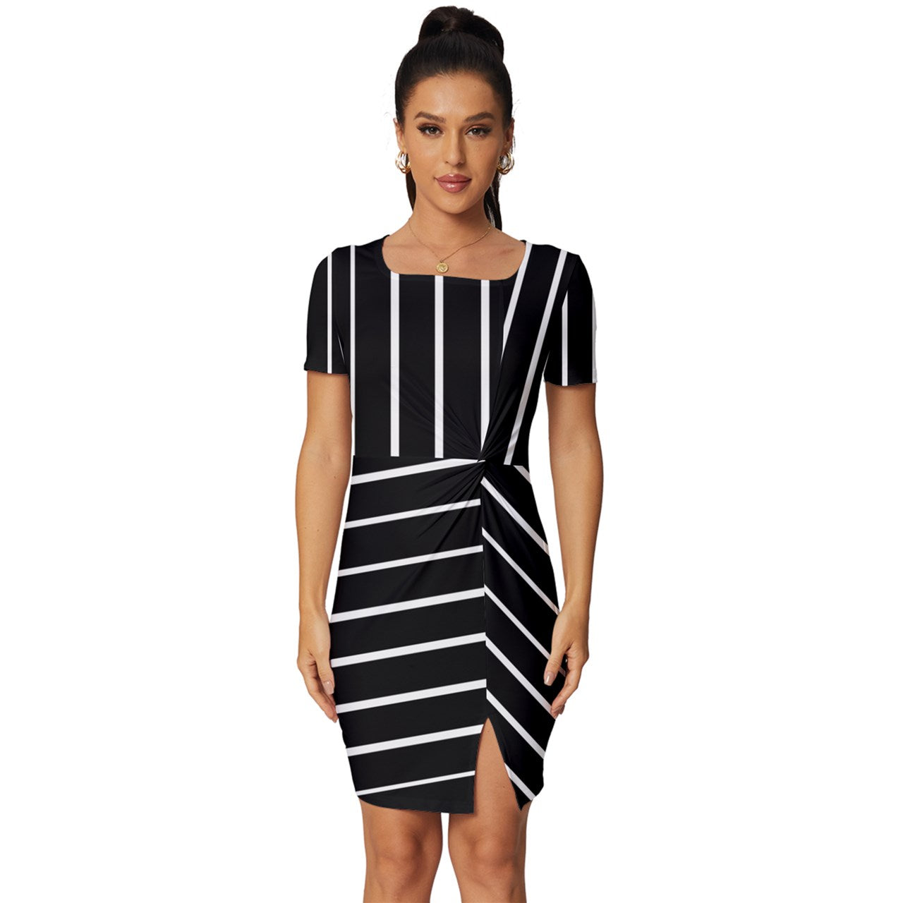 #Stripes Fitted Knot Split End Bodycon Dress