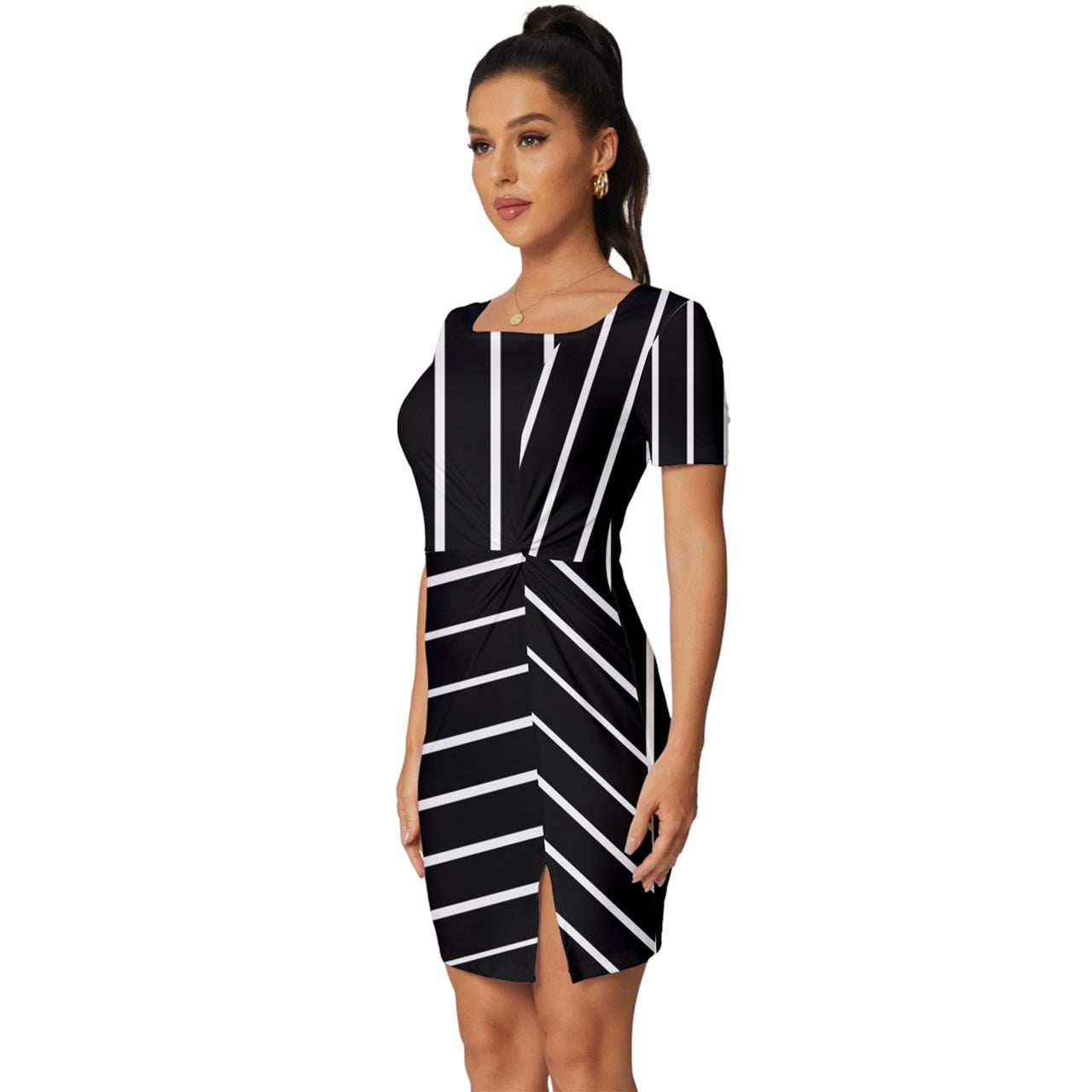 #Stripes Fitted Knot Split End Bodycon Dress