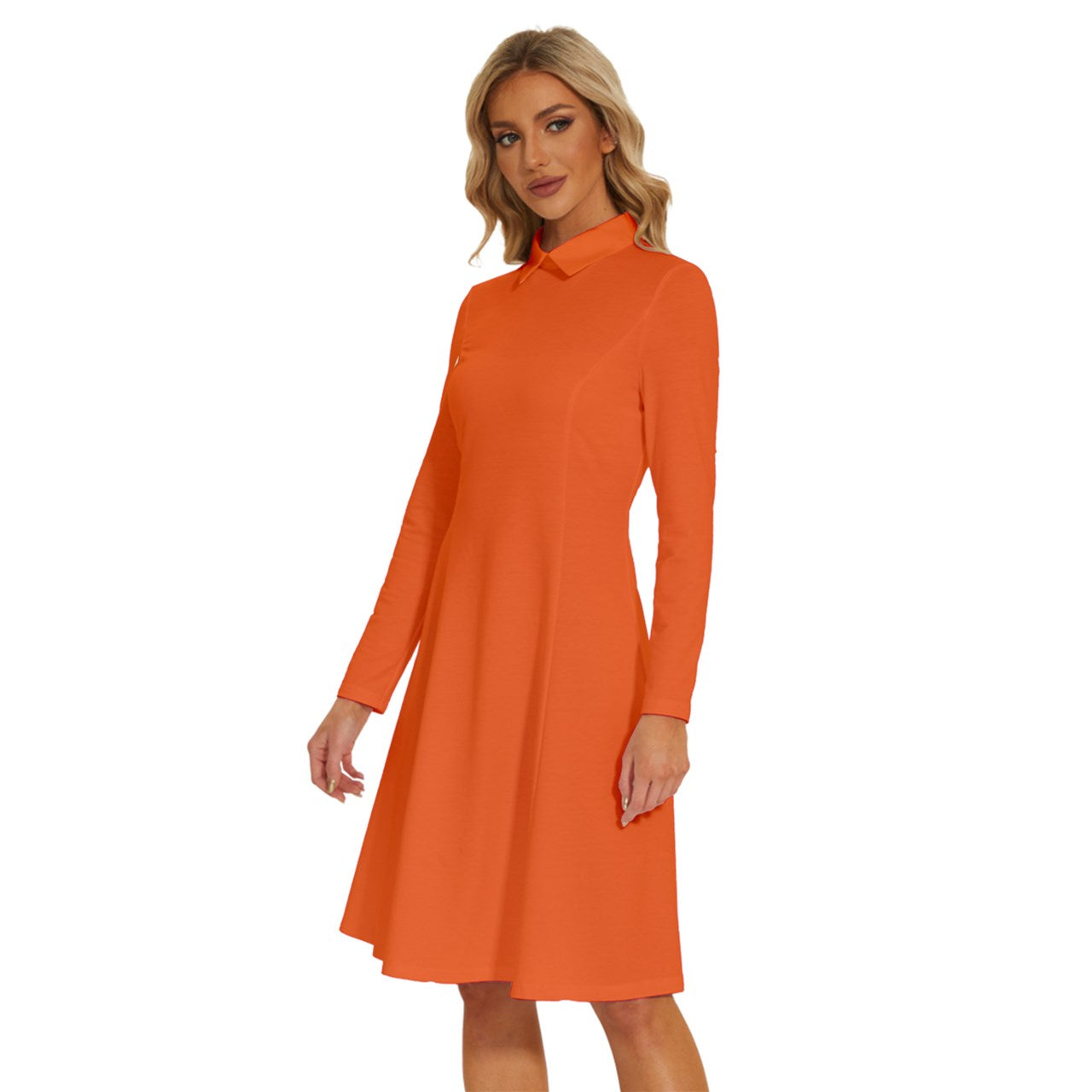 #Neon-O Long Sleeve Shirt Collar A-Line Dress