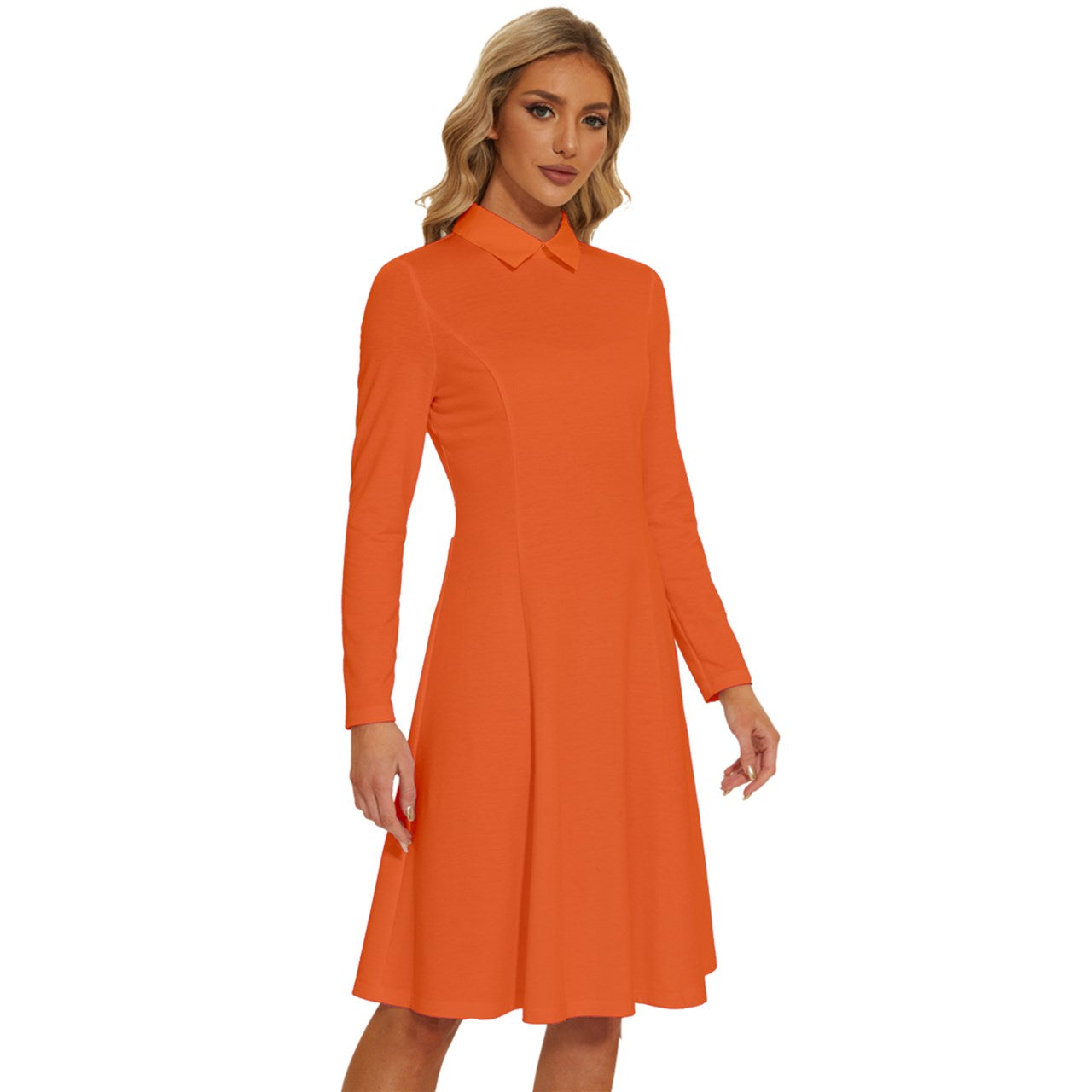 #Neon-O Long Sleeve Shirt Collar A-Line Dress