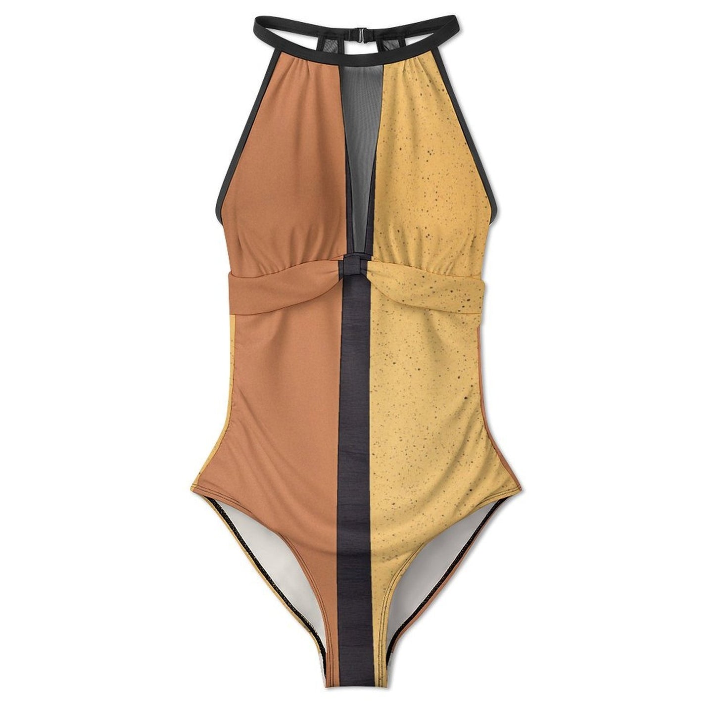 #Sandy One-Piece Swimsuit High Neck Mesh Panel Monokini Beachwear