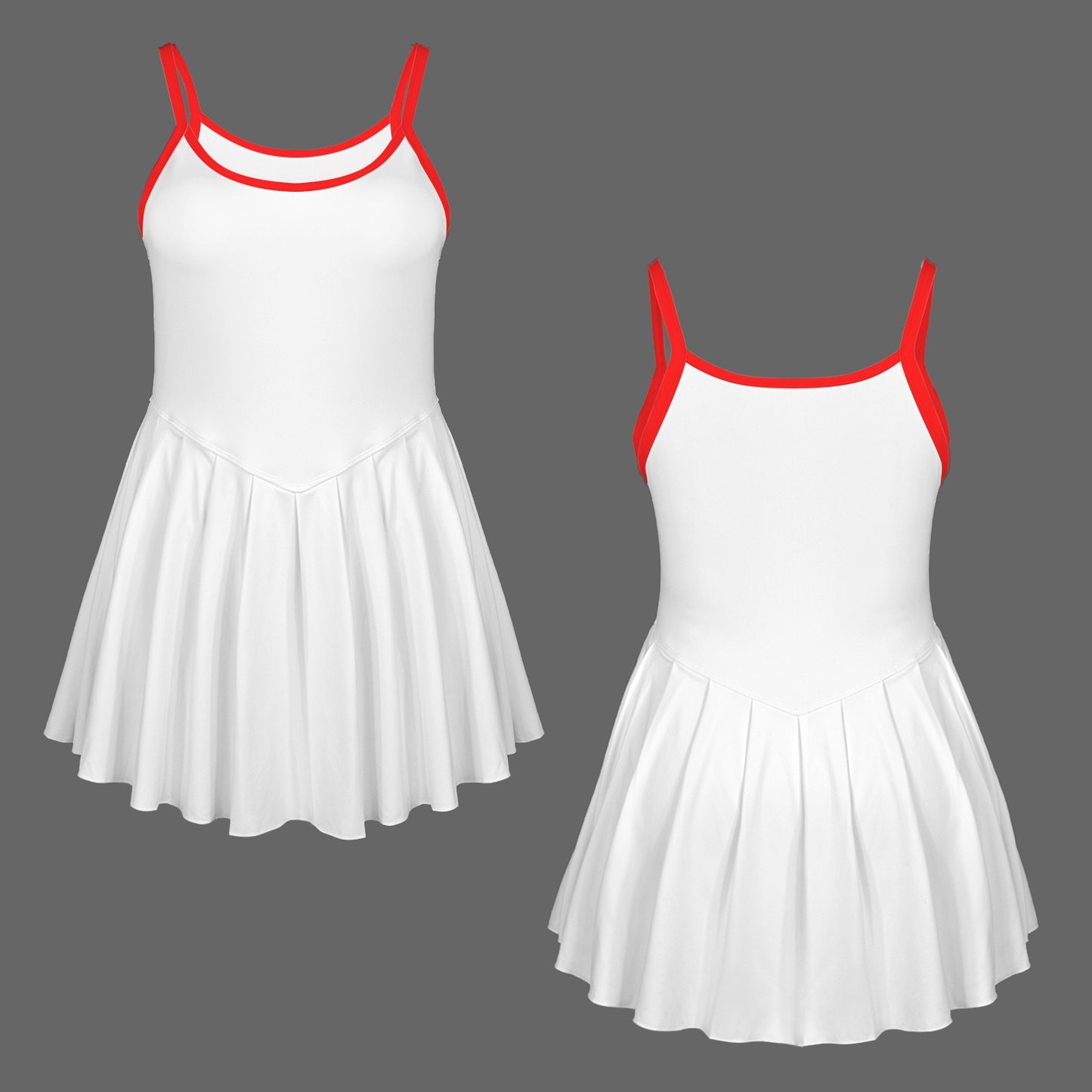 #White #Red Spaghetti Straps Square Neck Pleated Sport Dress