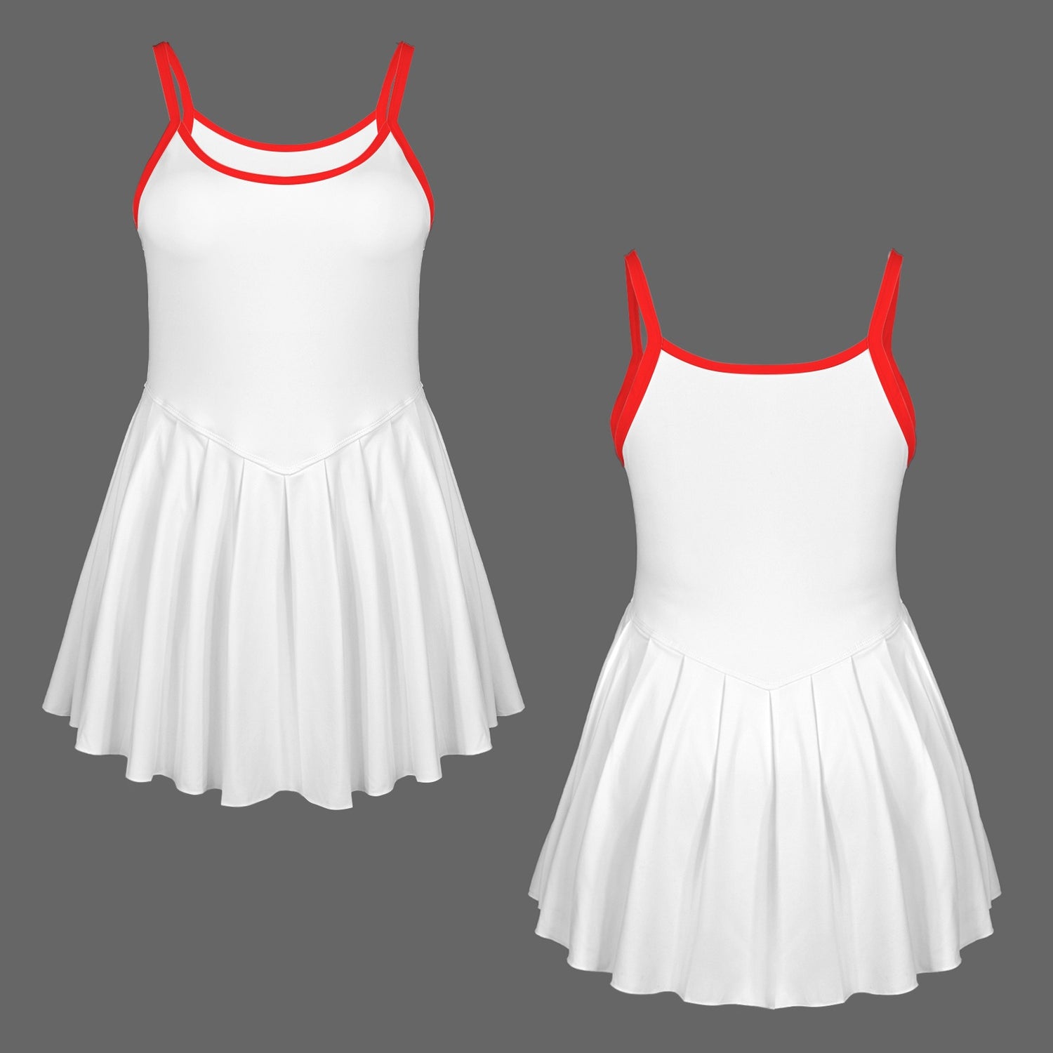 #White #Red Spaghetti Straps Square Neck Pleated Sport Dress