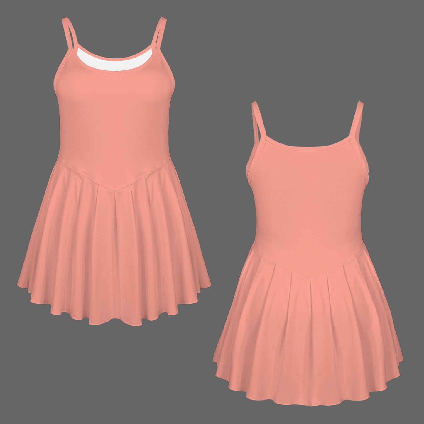 #Peach Spaghetti Straps Square Neck Pleated Sport Dress