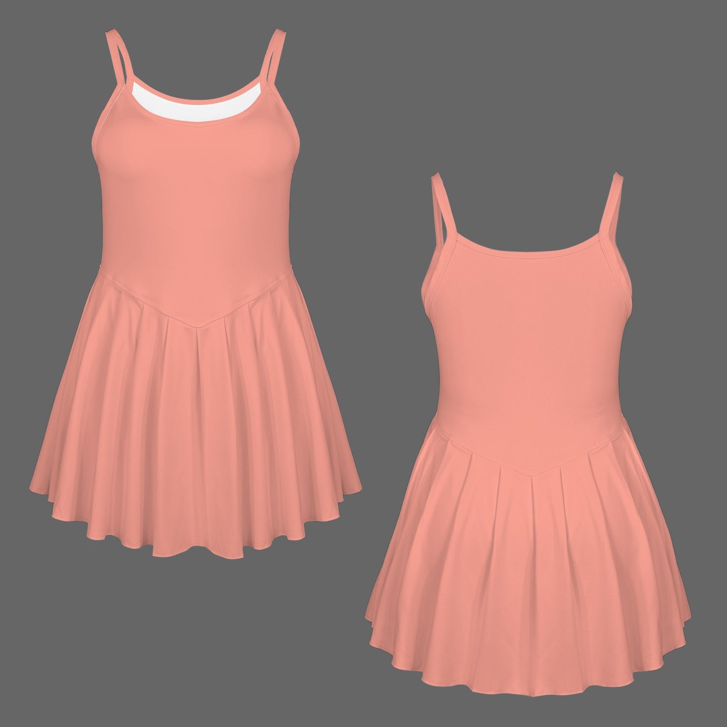 #Peach Spaghetti Straps Square Neck Pleated Sport Dress