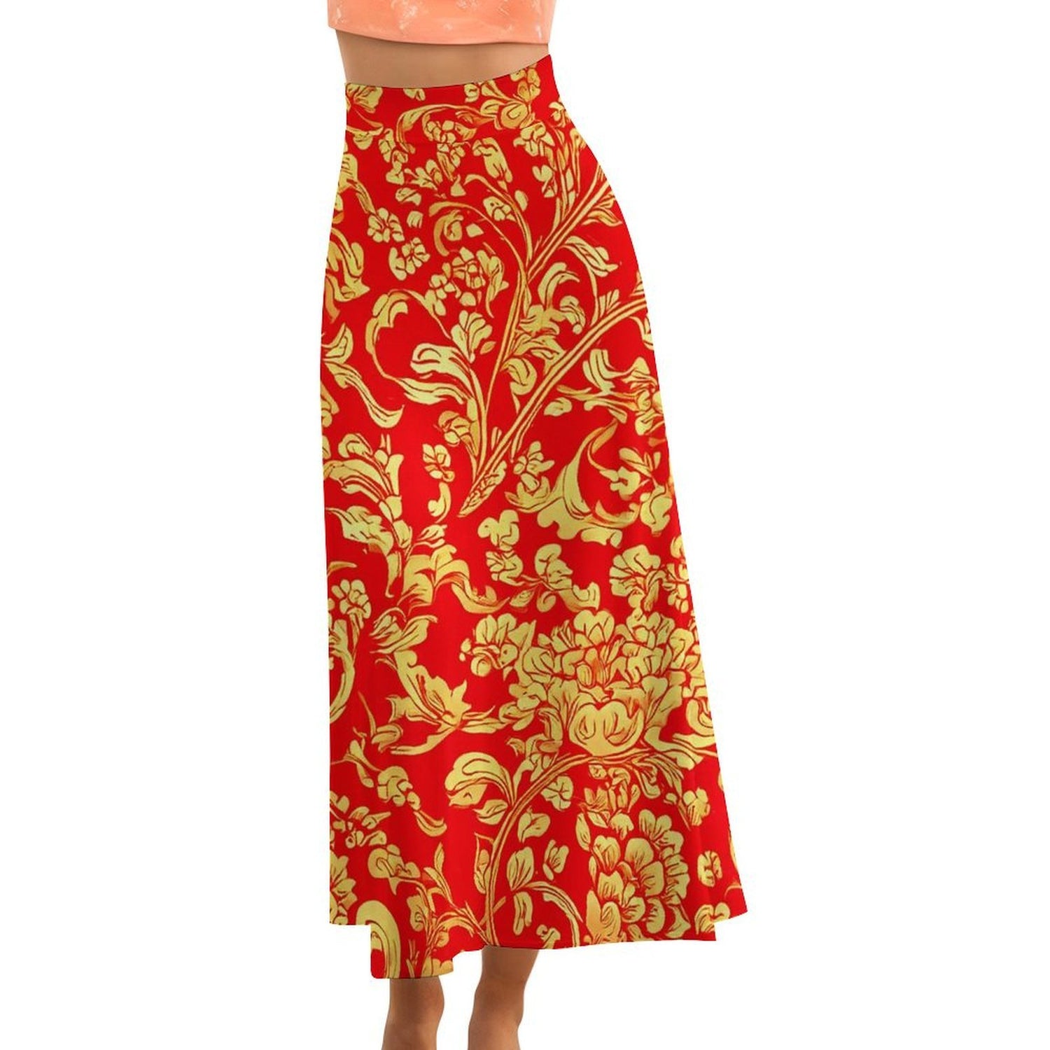 #Red #Gold #Garden High Waisted A-Line Maxi Skirt