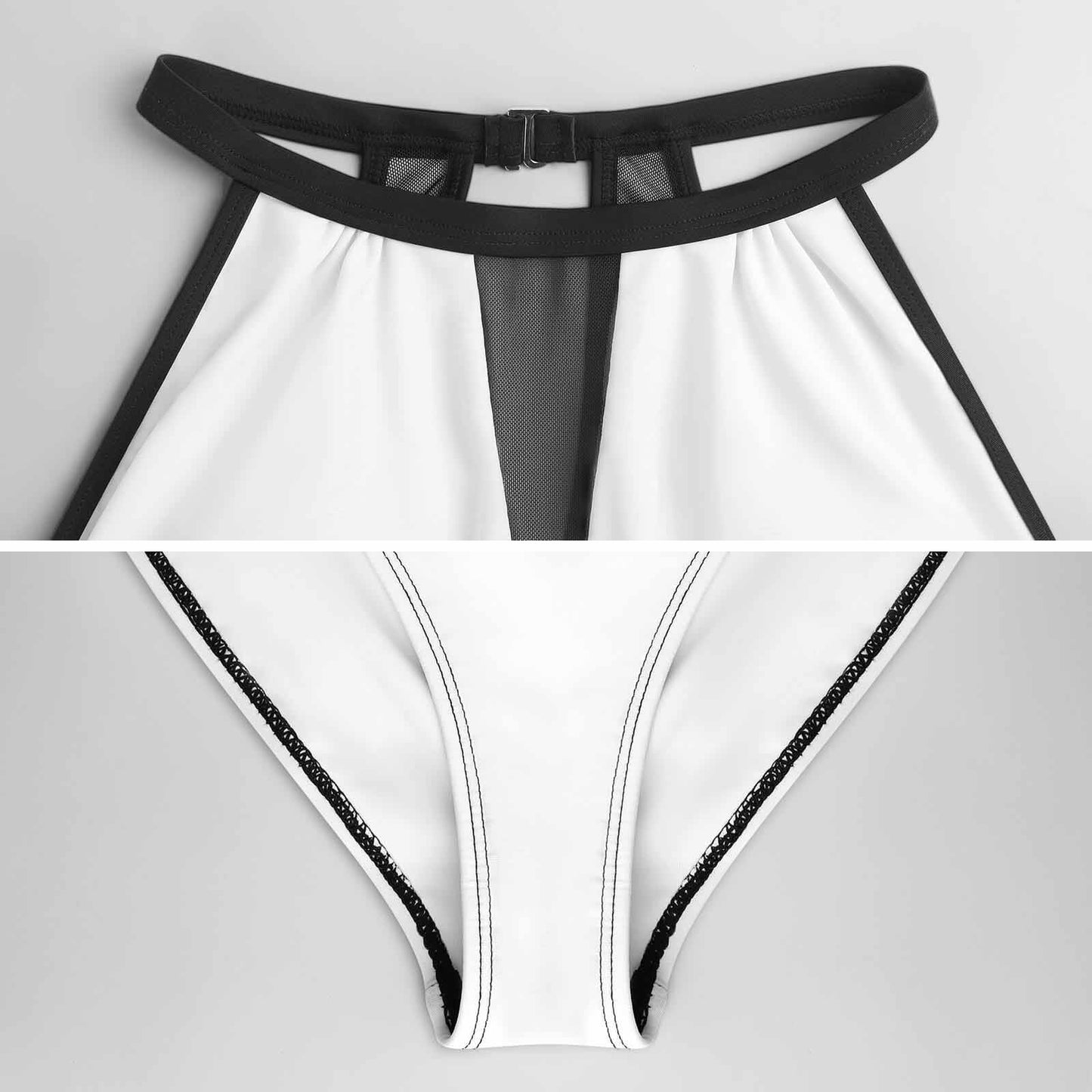 #Sandy One-Piece Swimsuit High Neck Mesh Panel Monokini Beachwear