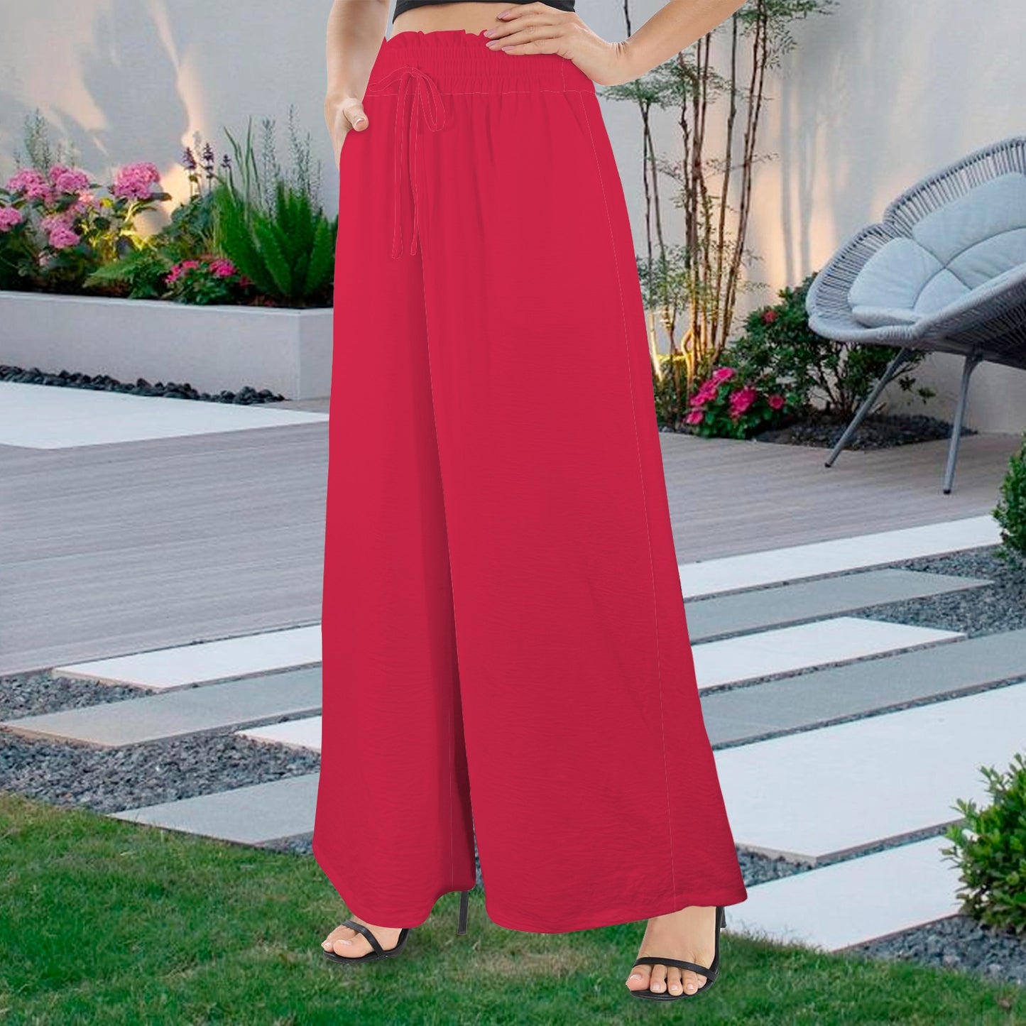 #Cherry Women's Elastic Waist Tether Pockets Wide Leg