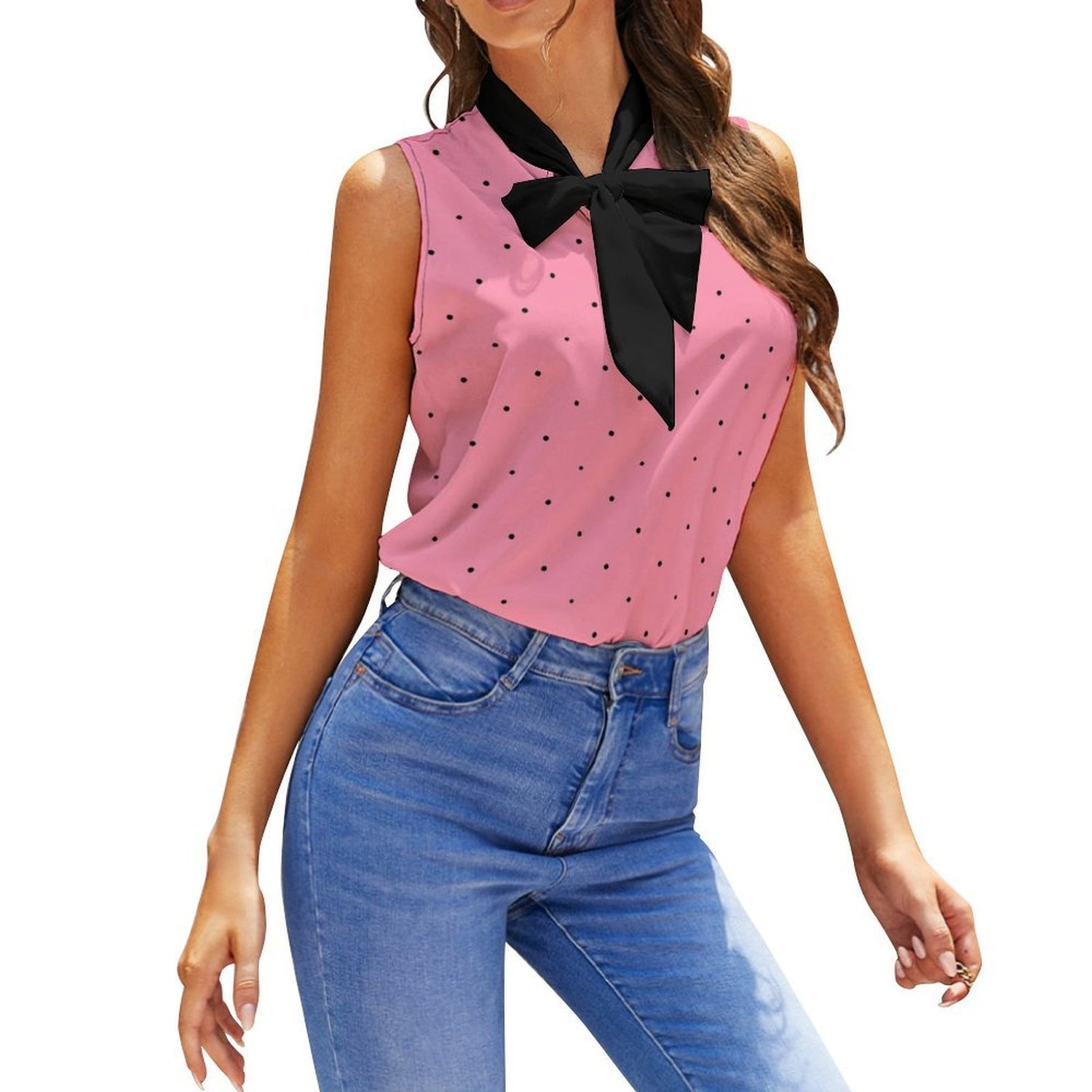 #Pink #PolkaDot Wpmen's Sleeveless Bow Tie Neck Blouse