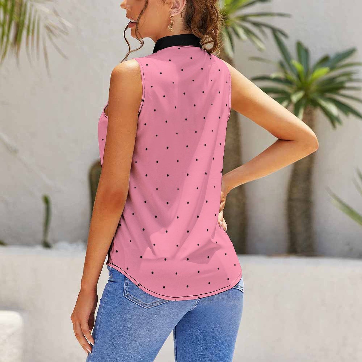#Pink #PolkaDot Wpmen's Sleeveless Bow Tie Neck Blouse