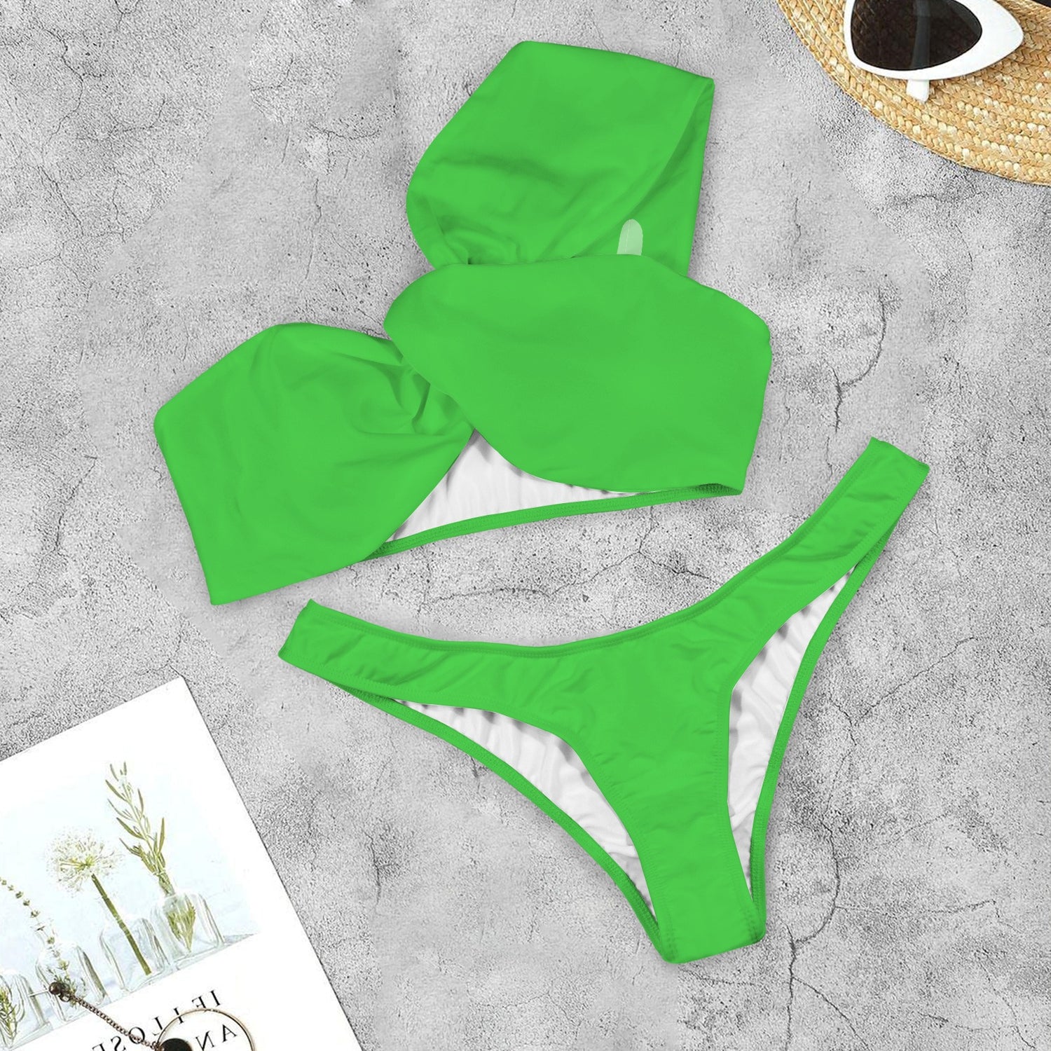 #Lime Twist Ruched One Shoulder Bikini Top & Low Rise Thong Set