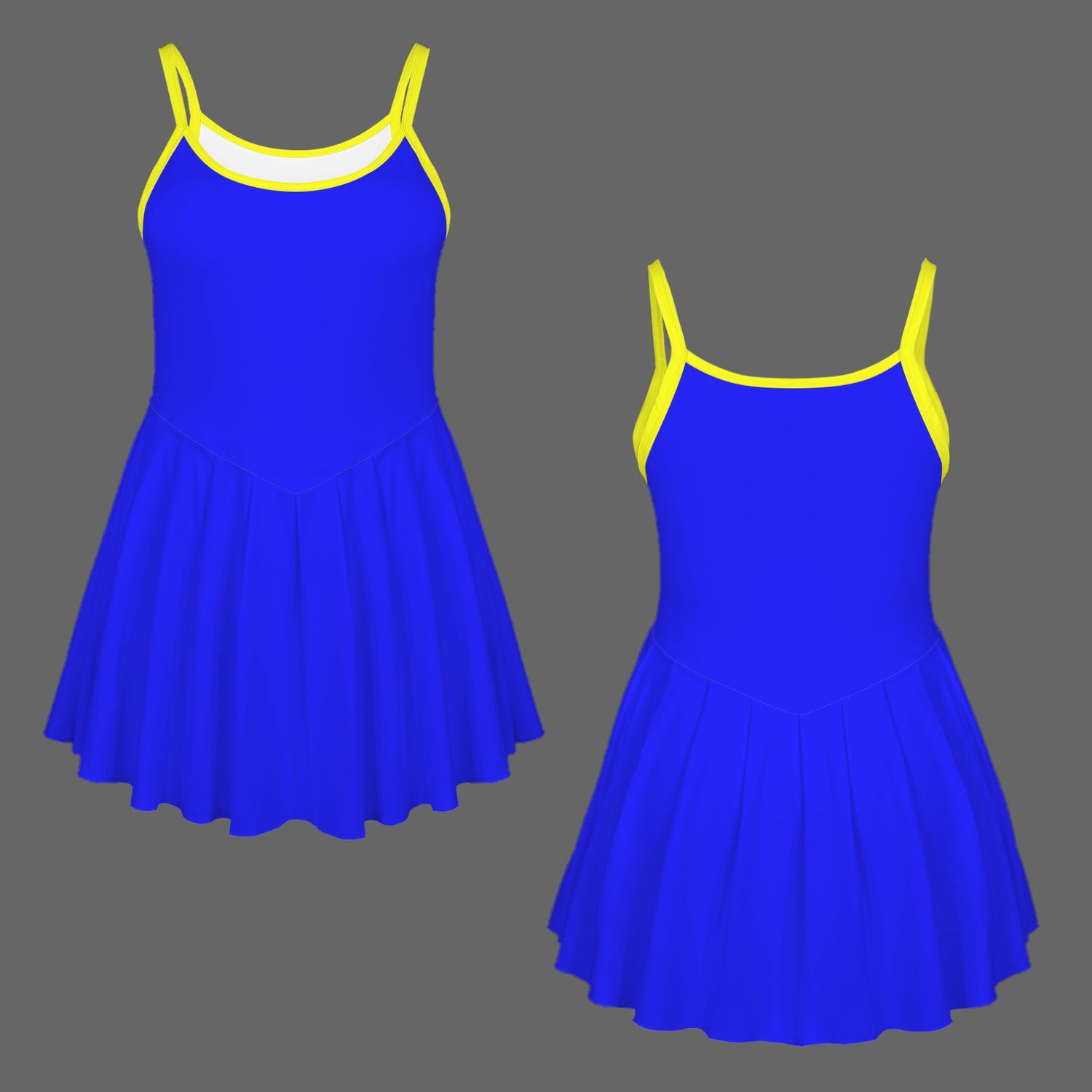 #Blue #Yellow Spaghetti Straps Square Neck Pleated Sport Dress