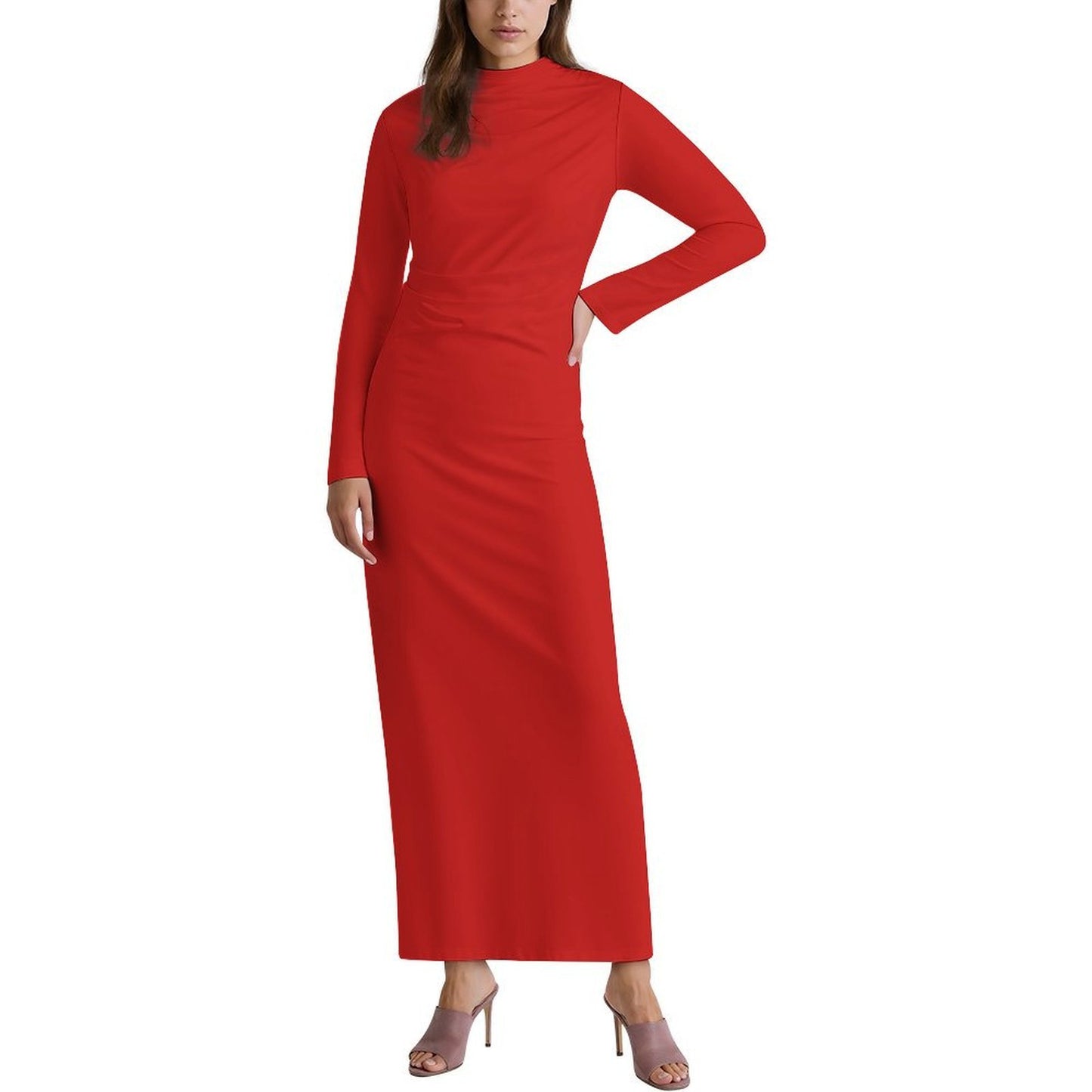 #Chili-Red Women's Long Sleeve Ruched Bodycon Maxi Dress