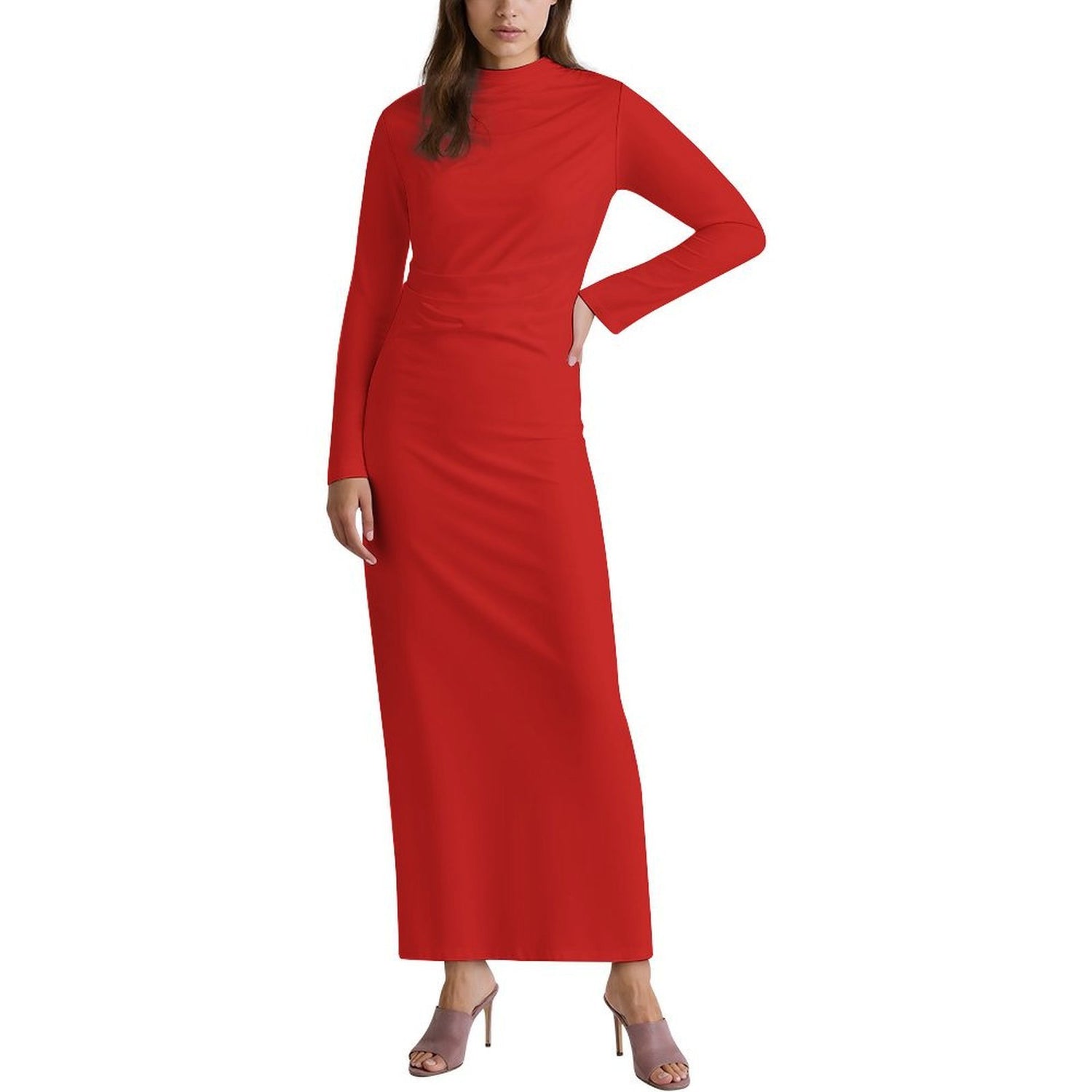 #Chili-Red Women's Long Sleeve Ruched Bodycon Maxi Dress