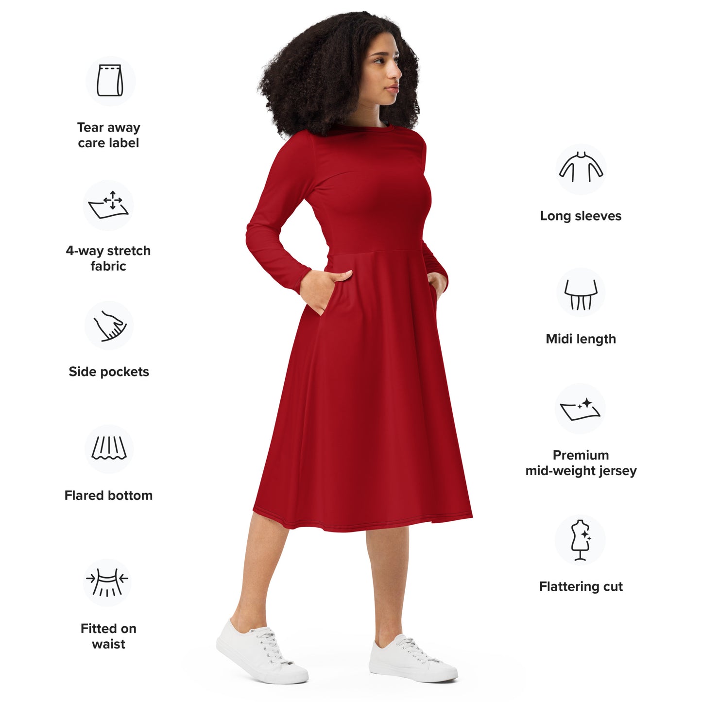 Rich Red Long Sleeve Midi Dress