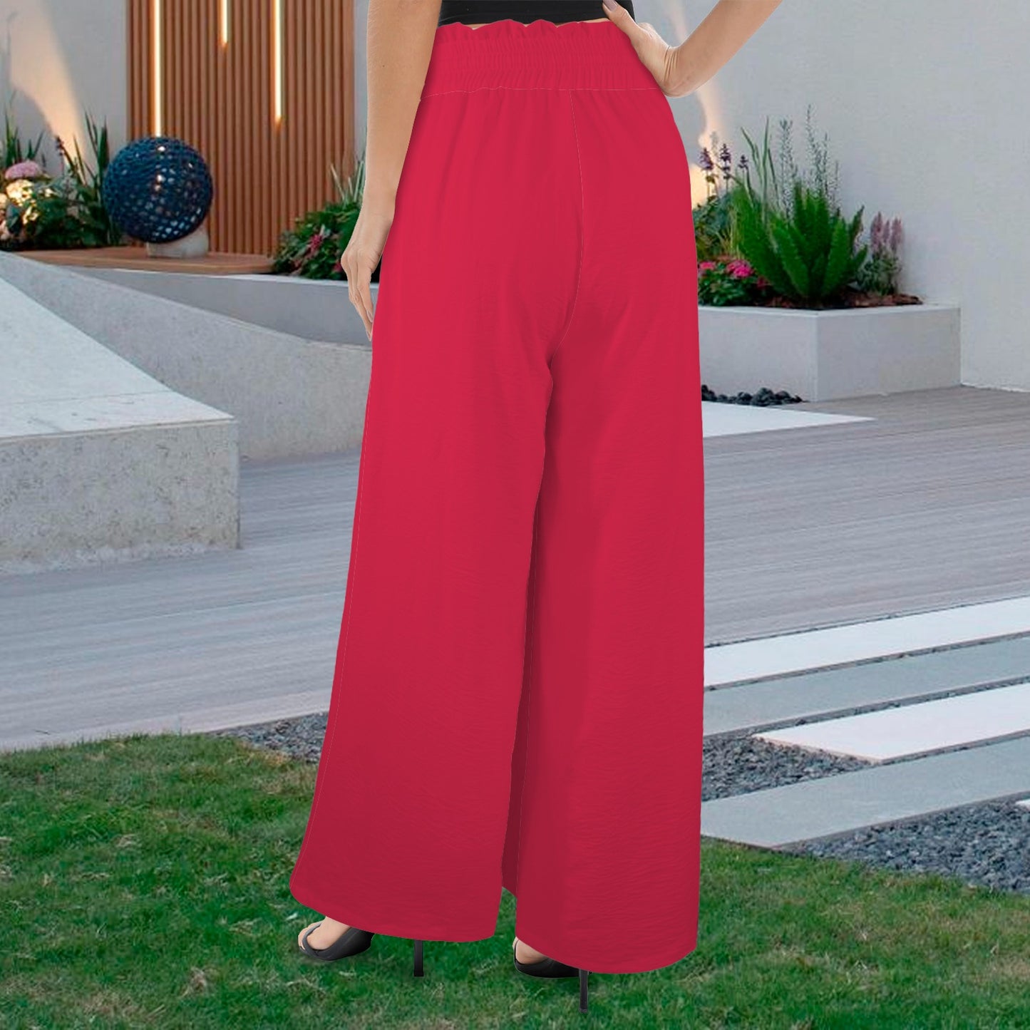 #Cherry Women's Elastic Waist Tether Pockets Wide Leg