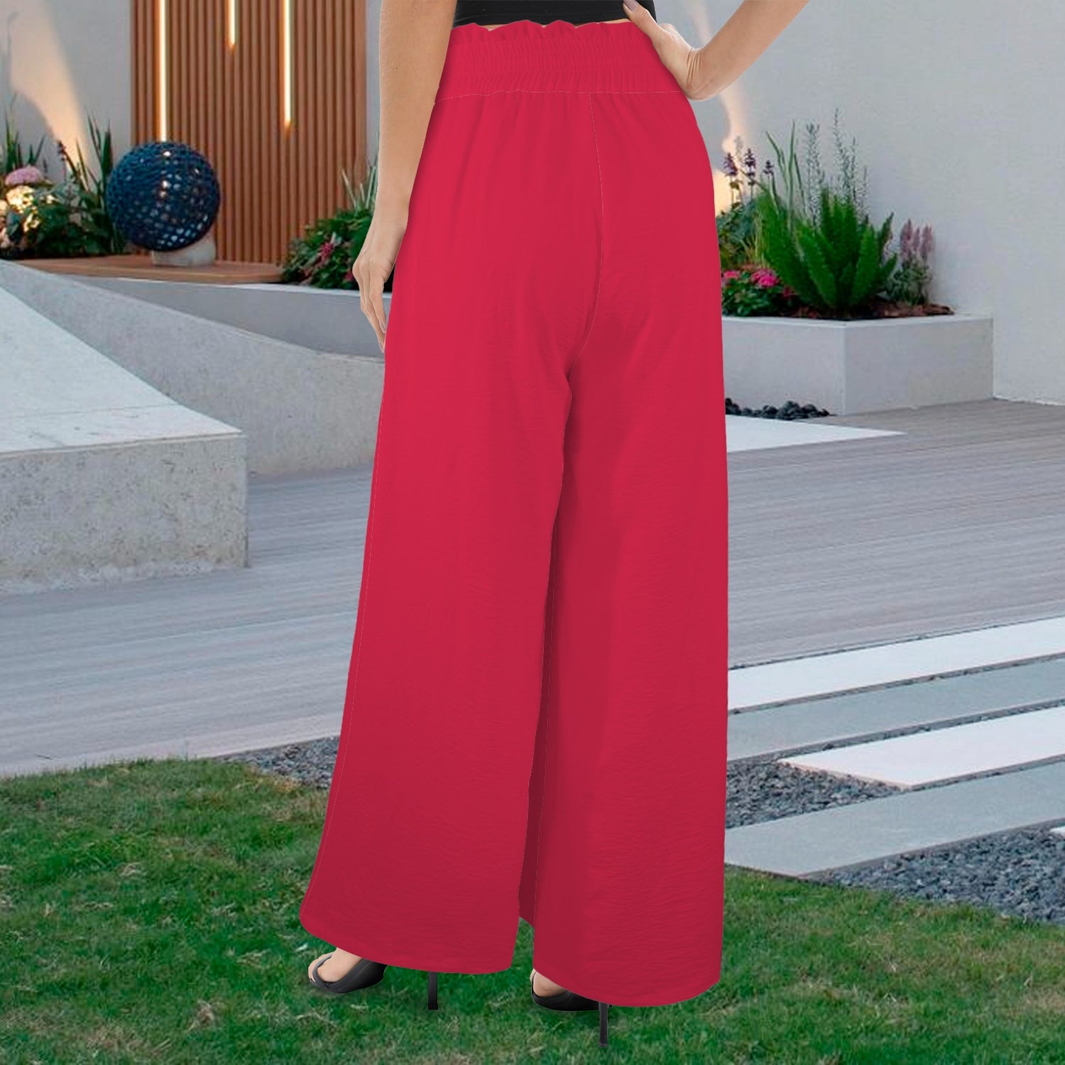 #Cherry Women's Elastic Waist Tether Pockets Wide Leg