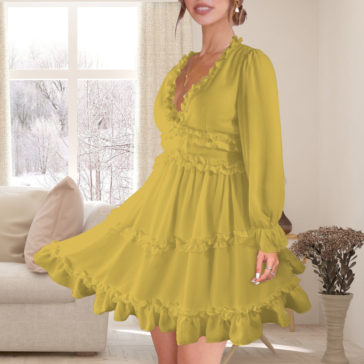 #Golden Women's Long Sleeve Deep V-Neck Ruffled Casual Dress