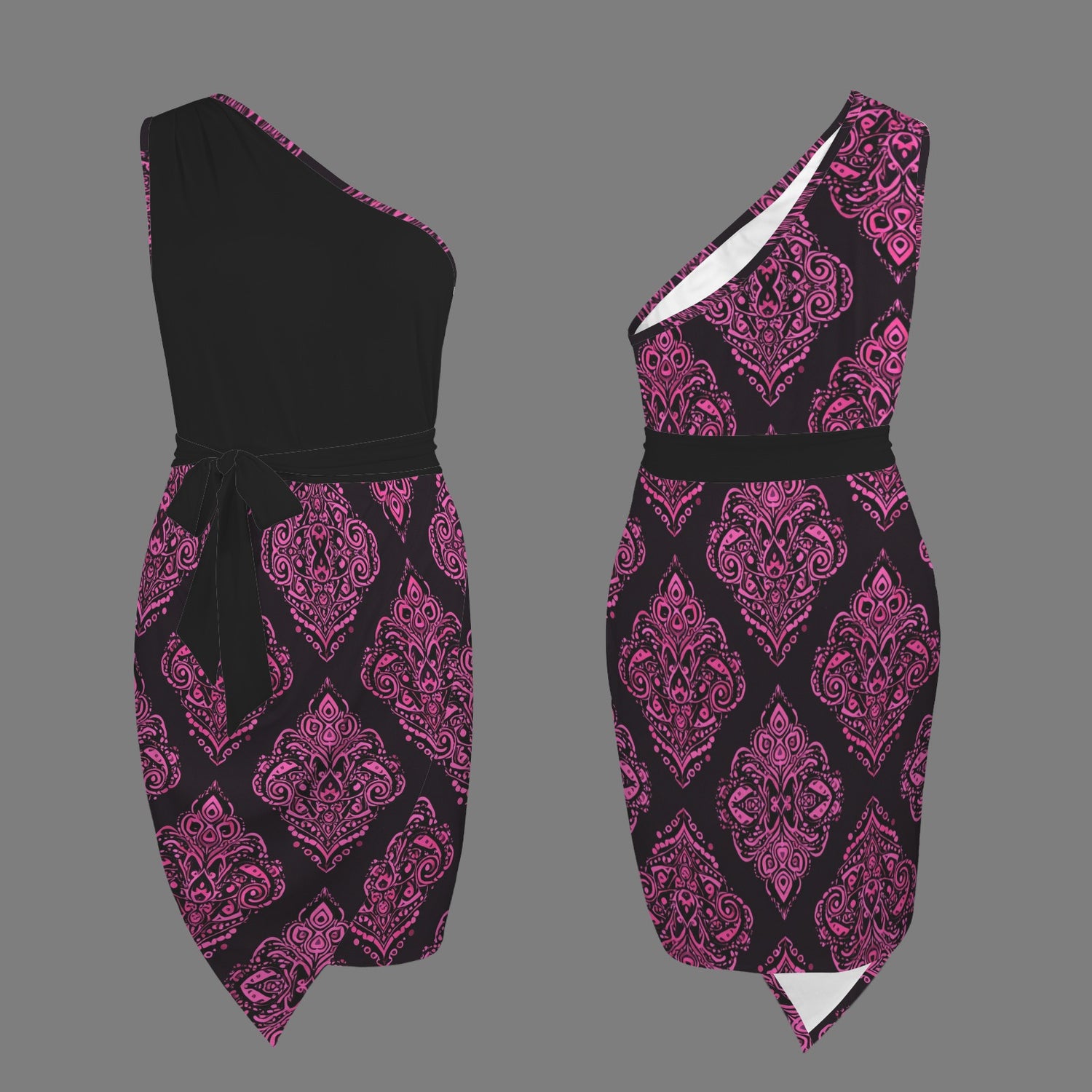 #Pink #Black Women's One Shoulder Tie Waist Ruched Bodycon Party Dress